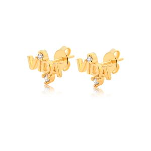 BRINCO FOLHEADO A OURO VIDA PEQUENA COM ZIRCÔNIA