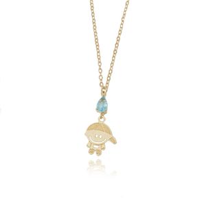 COLAR FOLHEADO A OURO FIO COM PEDRA EM GOTA E MENINO LISO