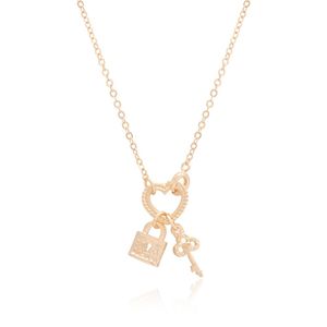 CHOKER FOLHEADA A OURO INFANTIL CORAÇÃO COM CHAVE E CADEADO