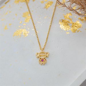 COLAR FOLHEADO A OURO MENINA COM ZIRCÔNIA ROSA