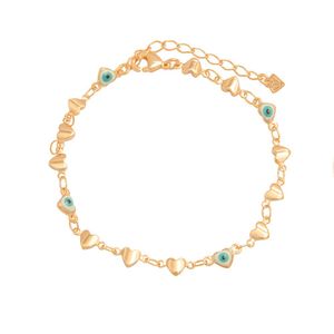 PULSEIRA FOLHEADO A OURO CORAÇÕES E OLHO GREGO