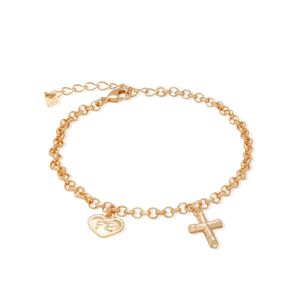 PULSEIRA FOLHEADO A OURO ELO PORTUGUÊS COM CORAÇÃO E CRUZ