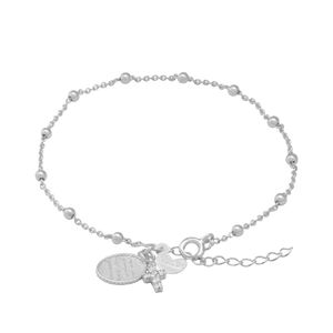PULSEIRA PRATA DE MINI BOLAS COM CORAÇÃO E CRUZ E MEDALHA