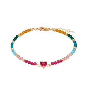 PULSEIRA FOLHEADO A OURO MIÇANGAS MULTICOLORIDAS COM CORAÇÃO