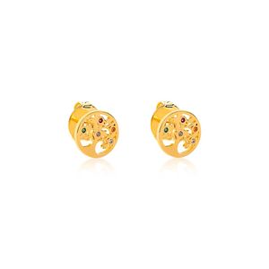 BRINCO FOLHEADO A OURO ÁRVORE DA VIDA COM ZIRCÔNIAS MULTICOLORIDAS