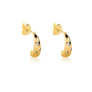 BRINCO FOLHEADO A OURO GOTA TRABALHADA COM ZIRCÔNIAS MULTICOLORIDAS