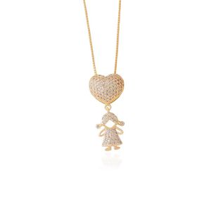 COLAR FOLHEADO A OURO CORAÇÃO E MENINA COM ZIRCÔNIA
