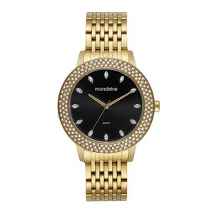 RELÓGIO MONDAINE DOURADO COM MOSTRADOR PRETO E ZIRCÔNIAS