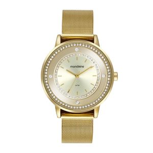 RELÓGIO MONDAINE DOURADO COM MALHA DE AÇO E ZIRCÔNIAS