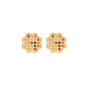 BRINCO FOLHEADO A OURO FLOR DE ZIRCÔNIAS MULTICOLORIDAS