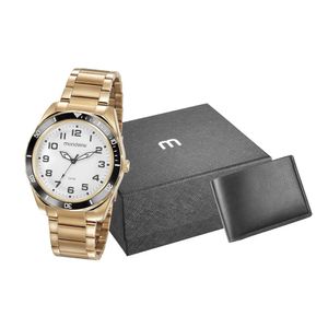 KIT RELÓGIO DOURADO MOSTRADOR BRANCO COM CARTEIRA PRETA SINTÉTICO