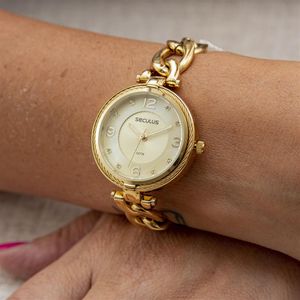 RELÓGIO SECULUS DOURADO COM PULSEIRA COM DOIS FORMATOS