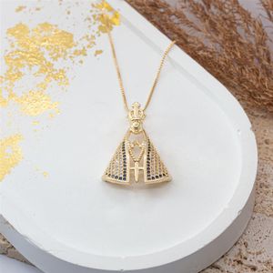 COLAR FOLHEADO A OURO COM NOSSA SENHORA APARECIDA COM ZIRCÔNIAS TRABALHADAS