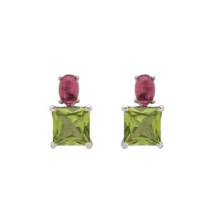 BRINCO PRATA COM RÓDIO PEDRA QUADRADA PERIDOTO COM OVAL TURMALINA