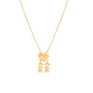 COLAR FOLHEADO A OURO COM CORAÇÃO LISO E DOIS MENINOS DE ZIRCÔNIAS