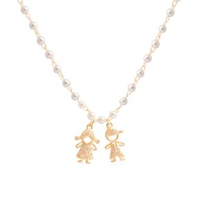 COLAR FOLHEADO A OURO COM MINI PÉROLAS COM MENINA E MENINO DE ZIRCÔNIAS