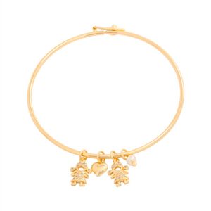 BRACELETE FOLHEADO A OURO COM DUAS MENINAS DE ZIRCÔNIAS E MINI CORAÇÃO E PÉROLA