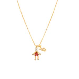 COLAR FOLHEADO A OURO COM PALAVRA MÃE E MENINA TRABALHADA