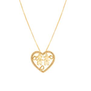 COLAR FOLHEADO A OURO CORAÇÃO COM DUAS MENINAS E MINI CORAÇÕES