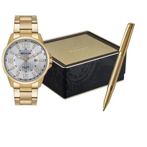 KIT RELÓGIO SECULUS DOURADO COM CANETA